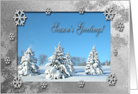 Winter Scene and Snowflakes, Season’s Greetings card