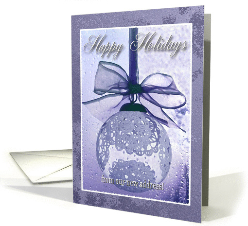 Purple Lace Ornament with Bow, Happy Holiday from our new address card