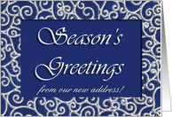Season’s Greetings from our new address, Blue and Silver Design card