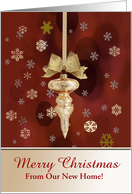Merry Christmas From Our New Home, Gold Ornament with Snowflakes card