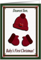 Red Cap and Mittens, Baby’s First Christmas, For Son card