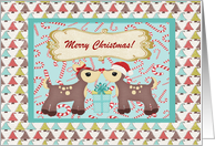 Kissing Reindeer with Candy Canes, Present, & Trees, Custom Text card