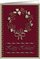 Golden Wreath on Red, Happy Holidays card
