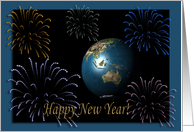 Earth and Fireworks, New Year Greetings card