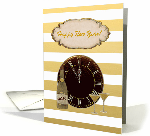 Gold Striped Background Bottle & Glasses Happy New Year 2025 card