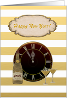 Gold Striped Background Bottle & Glasses Happy New Year 2025 card