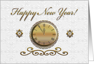 Golden Clock & Designs on Beautiful White Damask Background card