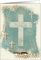 Cross with Bible, Ordination Invitations, Female Clergy, Teal Green card