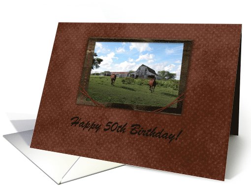 Happy 50th Birthday, Friendly Welcome from Horses, Custom Text card