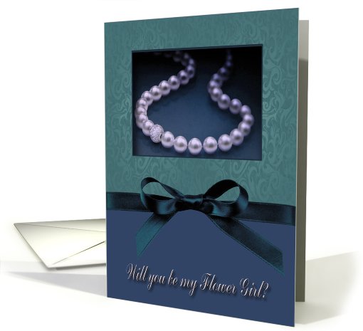 Flower Girl Request, Pearl-look on Teal Cyan with Bow-like card