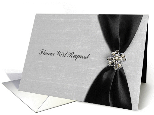 Flower Girl, Black Satin Ribbon-look with Jewel-like on Gray card