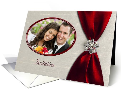 Photo Card Wedding Invitation, Scarlet Red Satin Ribbon... (848850)
