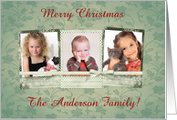 Three Frame Photo Card, Dots and Snowflakes on Green Leaves with Bow card