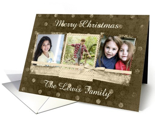 Photo Card, Three Frames, Faded Dots in Brown and Gold With Bow card