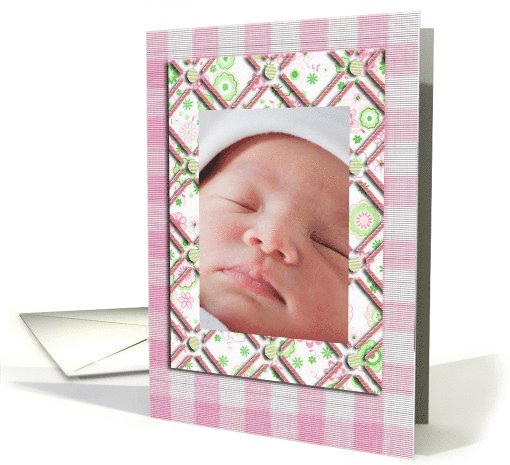 Photo Card, Pink Flowers and Checked Frame, Birth Announcement card