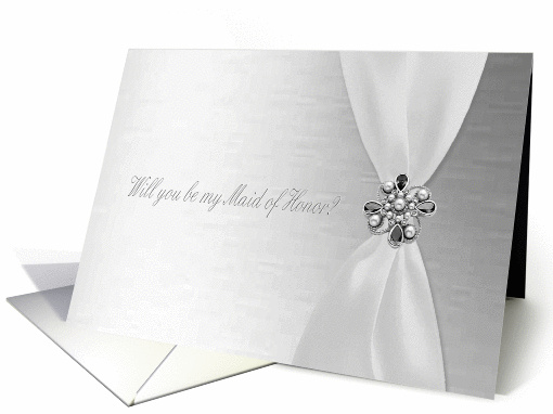 Maid of Honor, White Ribbon with Jewel on Silver card (849654)