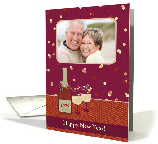 2025 New Year Photo Card, Bottle and Glasses with Bubbles card