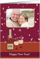 2025 New Year Photo Card, Bottle and Glasses with Bubbles card