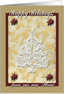 We Have Moved, White Tree and Poinsettias, Happy Holidays card