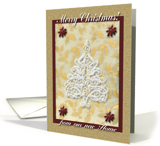 We Have Moved, White Tree and Poinsettias, Merry Christmas card