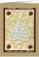 We Have Moved, White Tree and Poinsettias, Merry Christmas card