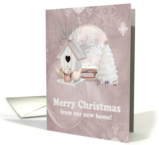 Birds on Birdhouse, Snow globe, Tree,Snowflake & Ornaments, Pink card