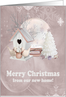 Birds on Birdhouse, Snow globe, Tree,Snowflake & Ornaments, Pink card