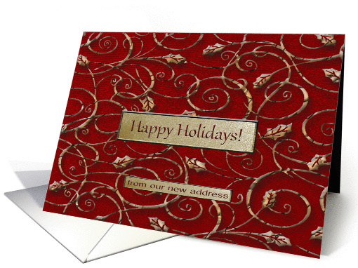 New Address, Happy Holidays, Gold Leaves on Red card (881900)