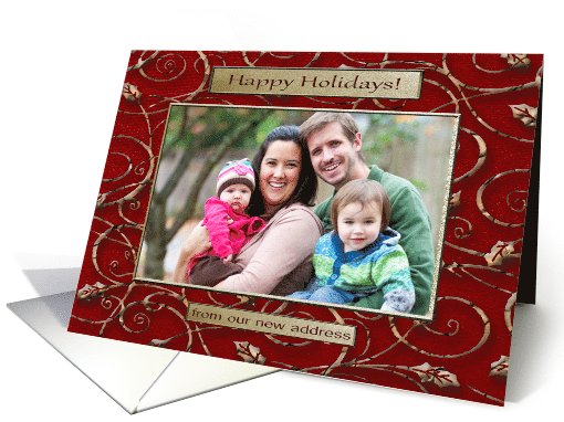 Photo Card, New address, Happy Holidays, Gold Leaves on Red card