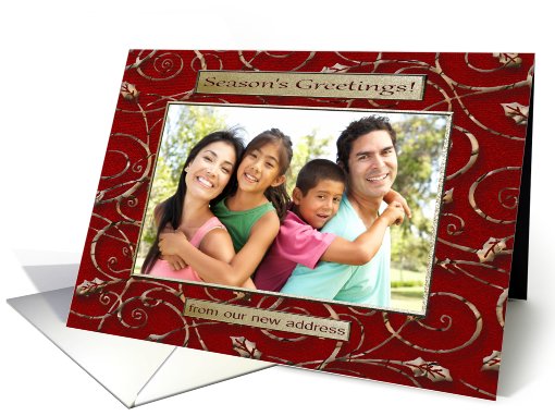 Photo Card, New address, Season's Greetings, Gold Leaves on Red card