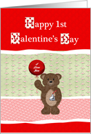 1st Valentine’s Day for Girl, Cute Bear with Balloon and Candy Kiss card