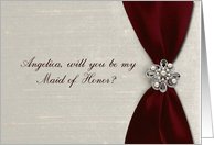 Angelica, Maid of Honor, Dark Red Satin Ribbbon with Jewel card