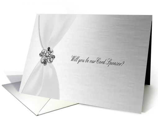 Cord Sponsor, White Satin Ribbon Look with Faux Jewel on Silver card