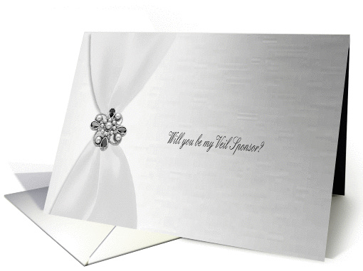 Veil Sponsor, White Satin Ribbon with Faux Jewel on Silver card