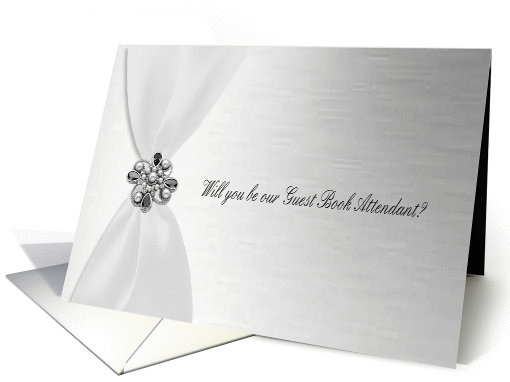 Guest Book Attendant, White Ribbon with Faux Jewel on Silver card