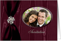 Wedding Invitation Photo Card, Red Ribbon Look with Jewel on Moire card