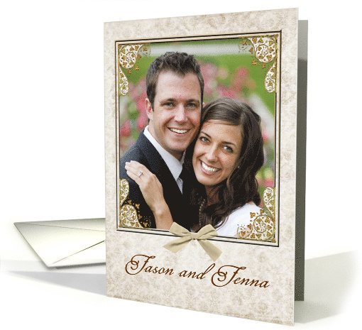Wedding Invitation Photo Card, Gold Leave on Frame with Bow card
