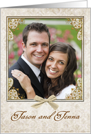 Wedding Invitation Photo Card, Gold Leave on Frame with Bow card