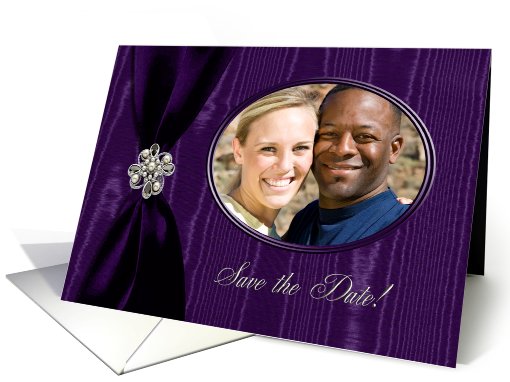 Save the Date Photo Card, Purple Ribbon Look with Jewel on Moire card