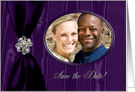 Save the Date Photo Card, Purple Ribbon Look with Jewel on Moire card
