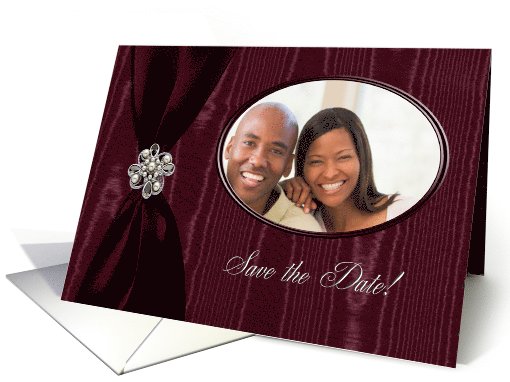 Save the Date Photo Card, Red Ribbon Look with Jewel on Moire card