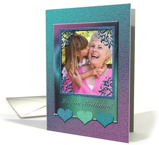 Birthday Photo Card, Three Hearts on Elegant Frame, Aqua card (902252)