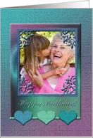 Birthday Photo Card, Three Hearts on Elegant Frame, Aqua card