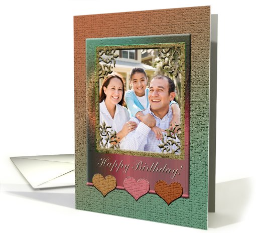 Birthday Photo Card, Three Hearts on Elegant Frame, Peach card