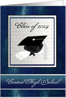 Cap and Diploma, Graduation Announcement, Silver & Blue, Custom Text card