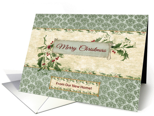 Holly Leaves & Berries on Embossed Look Damask, from Our New Home card