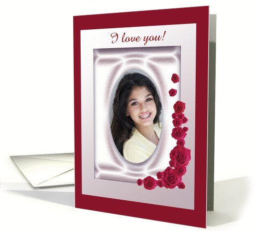 Photo Card, Red Roses on Pale Pink Oval Frame, Any Occasion card