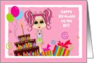 Cute Teen, Pink Hair, Cake, Happy Birthday BFF (Best Friend Forever) card