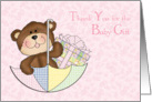 Baby Bear, Girl, Umbrella, Pink Hearts Thank you for the Baby Gift card