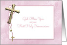 Gold Cross, Pink Rosary Beads, First Communion Blessings card